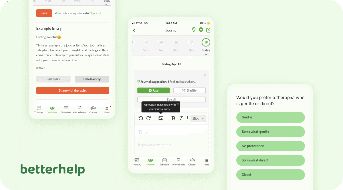 The BetterHelp logo and screenshots taken during our testing of this online therapy platform