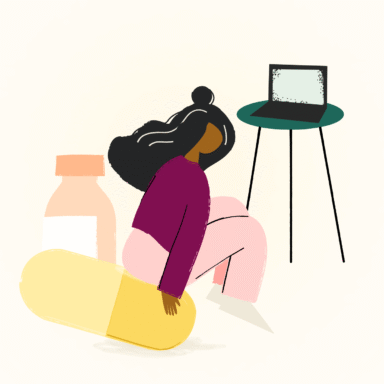 Abstract illustration of a woman sitting on a giant pill in front of a laptop, illustrating the need for the best online psychiatrist and medication management.