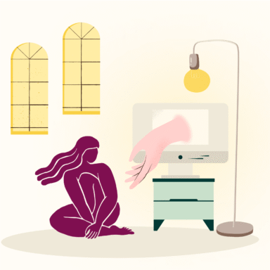 Abstract illustration of a woman sitting on the floor, a hand reaching out to her from a computer screen, symbolizing the best online therapy services.
